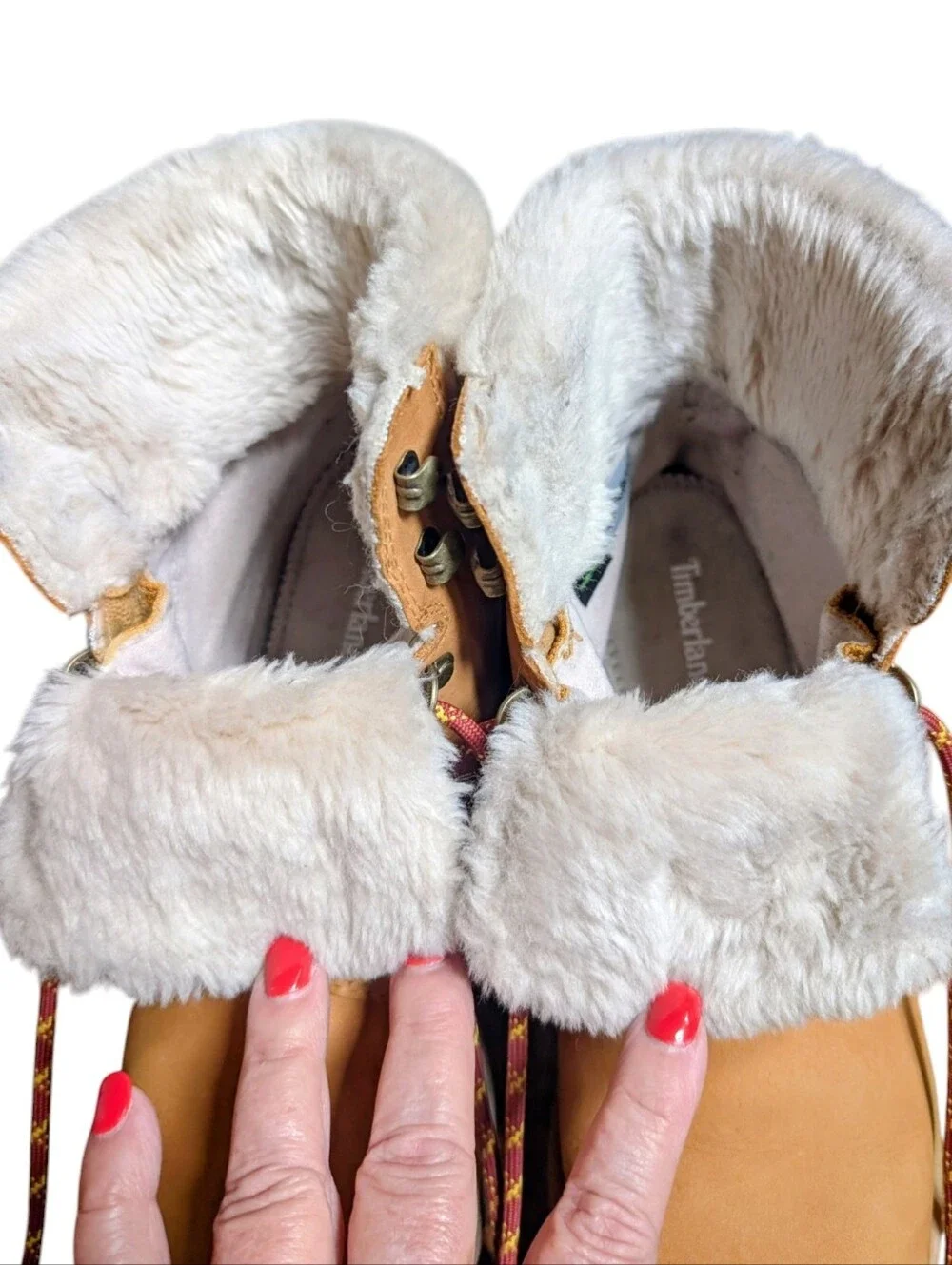 Timberland Kinsley Leather Wheat Tan Lace-Up Ankle Boots With Faux Fur Collar